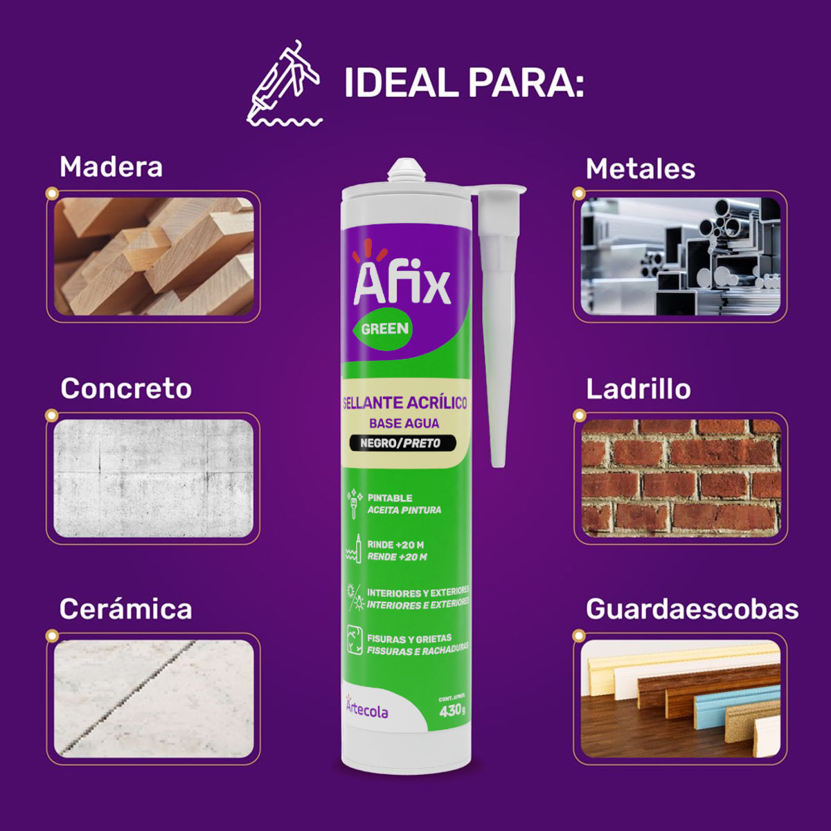 Sellador Acrílico Silicona Pintable Negro Afix Green 430 gr - Imagen 3