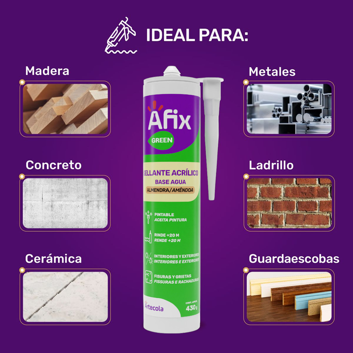 Sellador Acrílico Silicona Pintable Almendra Afix Green 430 gr - Imagen 3