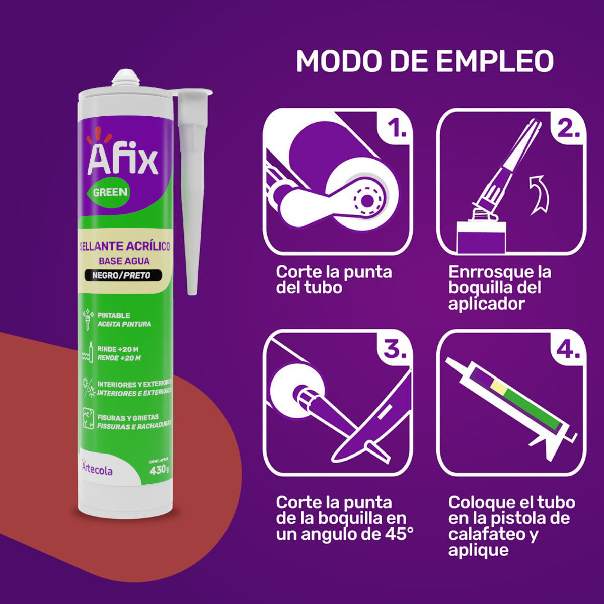 Sellador Acrílico Silicona Pintable Negro Afix Green 430 gr - Imagen 4