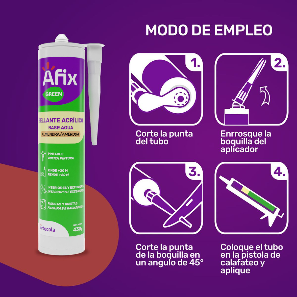 Sellador Acrílico Silicona Pintable Almendra Afix Green 430 gr - Imagen 4