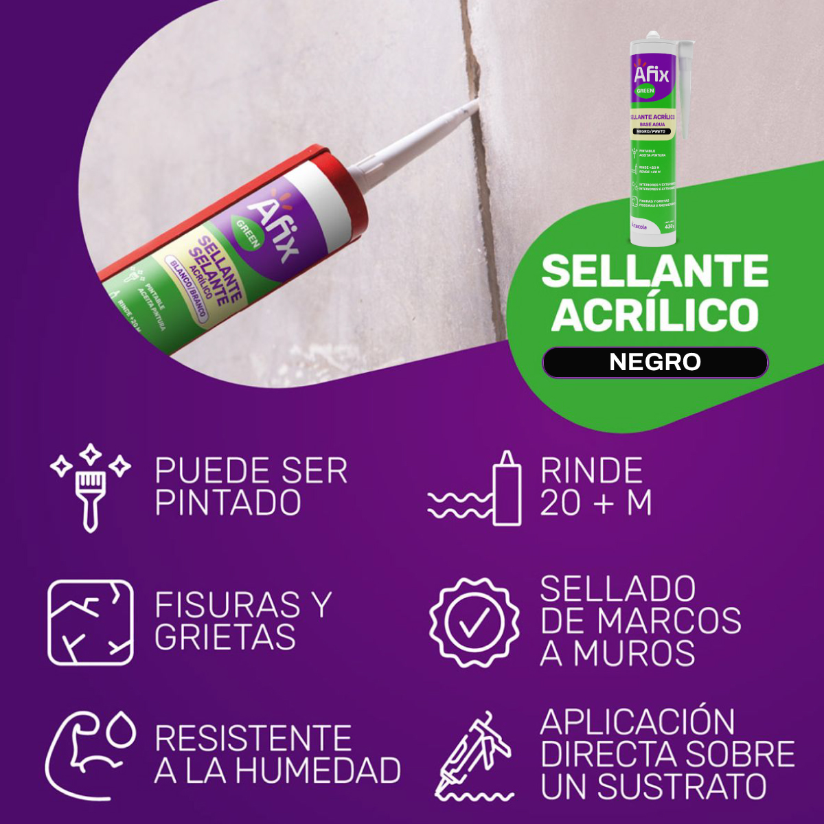 Sellador Acrílico Silicona Pintable Negro Afix Green 430 gr - Imagen 2
