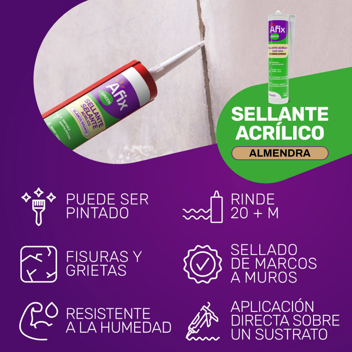 Sellador Acrílico Silicona Pintable Almendra Afix Green 430 gr - Imagen 2