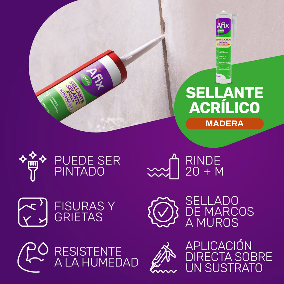 Sellador Acrílico Pintable Color Madera Afix Green 430 g - Imagen 2